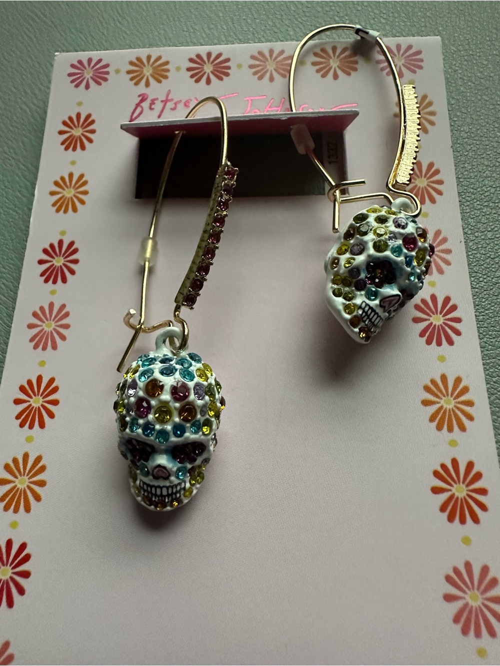 Betsey Johnson Silver-Tone Skull Earrings with Multicolor Crystals - Picture 2 of 5